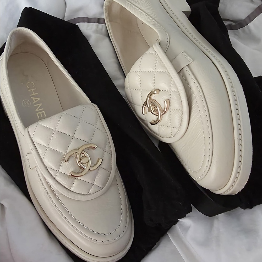 CHANEL Women's Quilted Cream Loafers